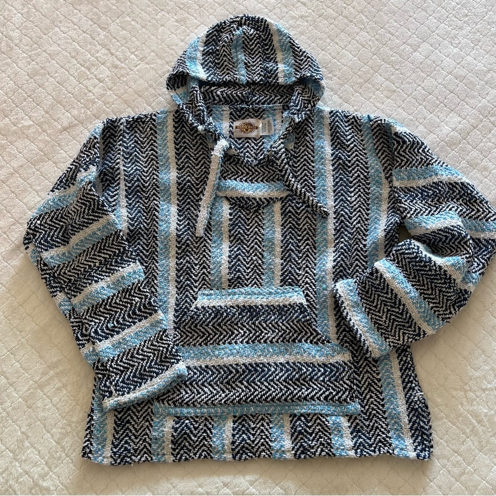 Earth Ragz White/Blue/Navy Mexican Blanket Pullover Striped Hoodie, Unisex Lg I